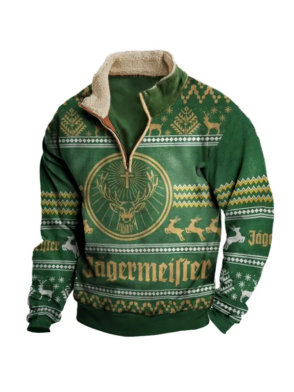 Men's Vintage Whiskey Print Christmas Print Half-Zip Stand Collar Sweatshirt - Aptkoi.com 