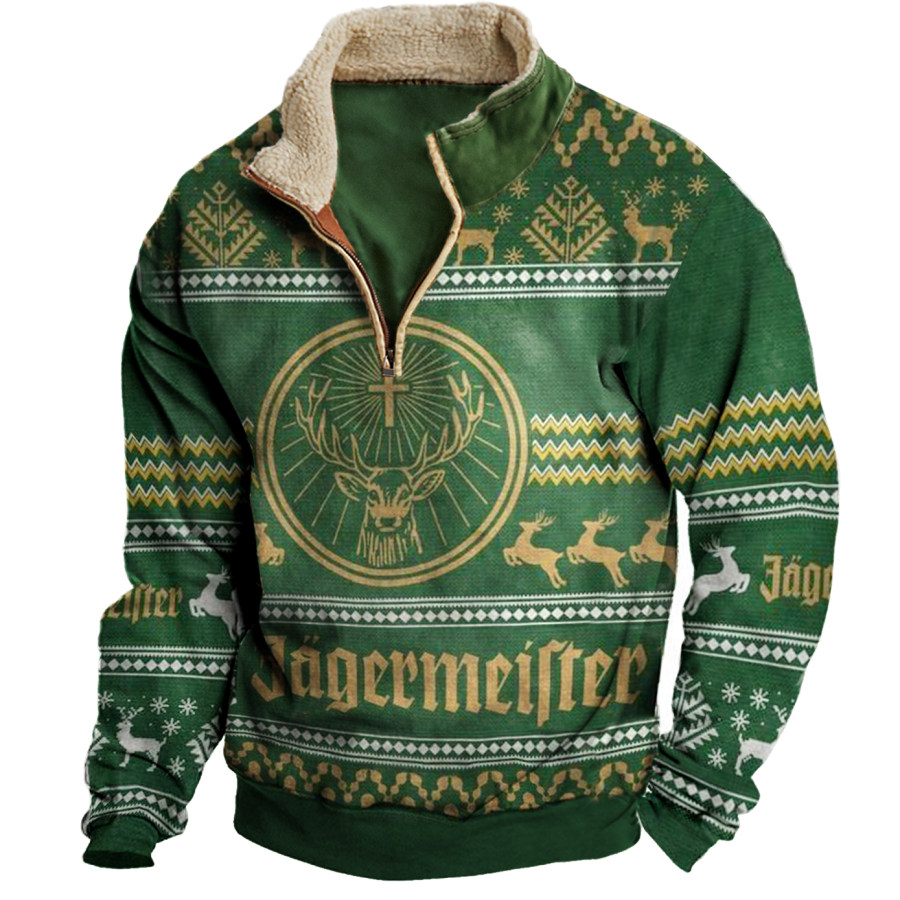 

Men's Vintage Whiskey Print Christmas Print Half-Zip Stand Collar Sweatshirt