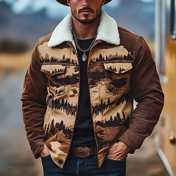 Men's Vintage Western Cowboy Printed Sherpa Jacket - Trisunshine.com 