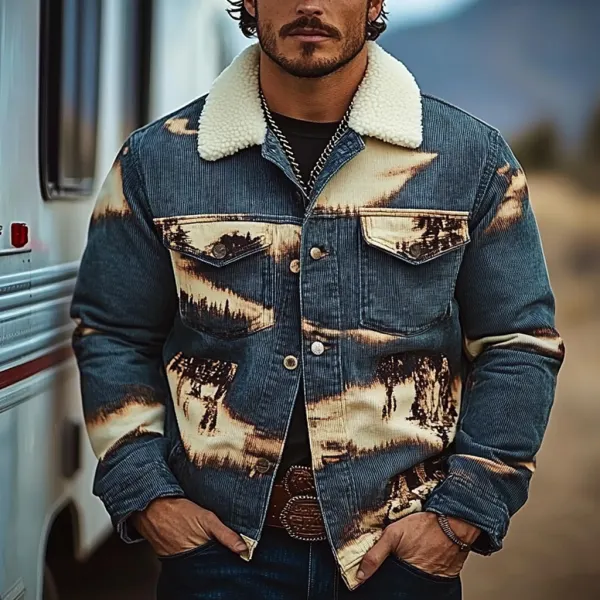 Men's Vintage Western Cowboy Printed Sherpa Jacket - Nicheten.com 