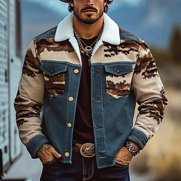 Men's Vintage Western Cowboy Printed Sherpa Jacket - Nicheten.com 