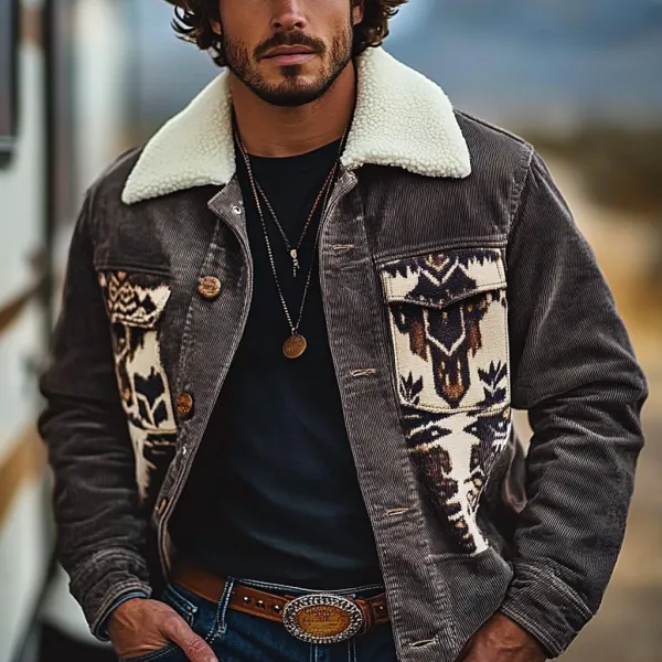 Men's Vintage Western Cowboy Printed Sherpa Jacket - Trisunshine.com 