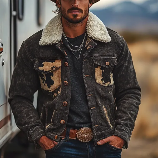 Men's Vintage Western Cowboy Printed Sherpa Jacket - Trisunshine.com 