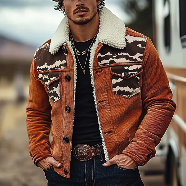 Men's Vintage Western Cowboy Printed Sherpa Jacket - Nicheten.com 