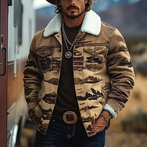 Men's Vintage Western Cowboy Printed Sherpa Jacket - Trisunshine.com 