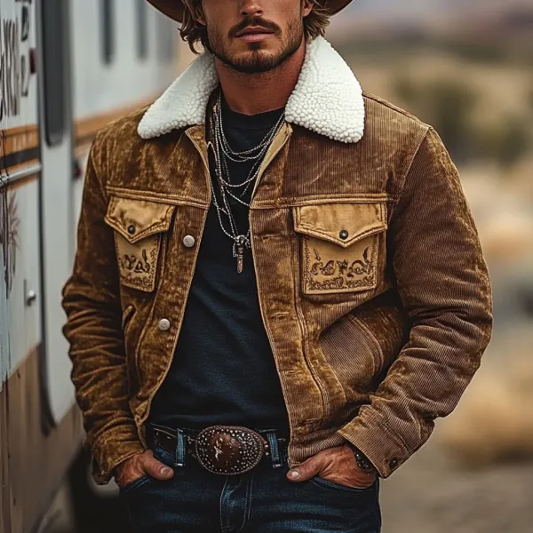 Men's Vintage Western Cowboy Printed Sherpa Jacket - Trisunshine.com 