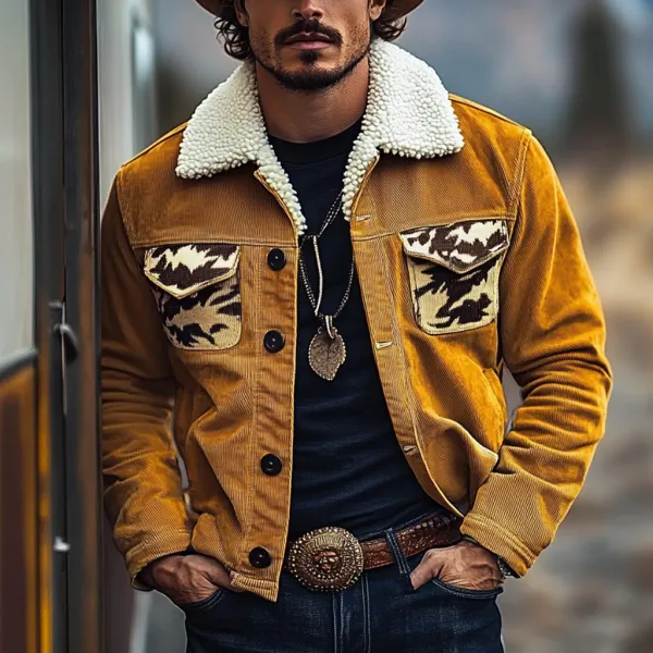 Men's Vintage Western Cowboy Printed Sherpa Jacket - Nicheten.com 