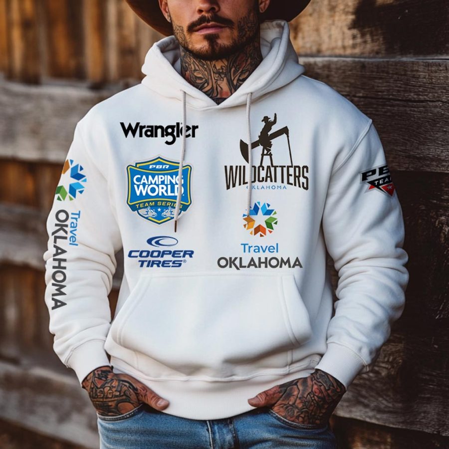 

Men's Western Cowboy Outdoor PBR OW Pocket Long Sleeve White Hoodie