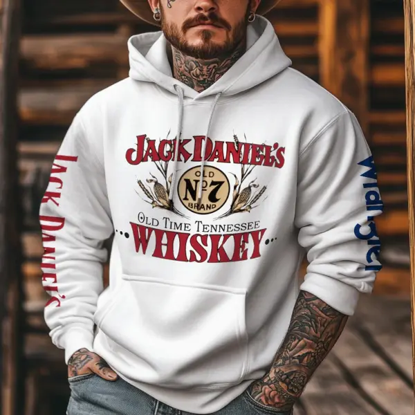 Men's Western Cowboy Outdoor PBR Whiskey Pocket Long Sleeve White Hoodie - Menzfolk.com 