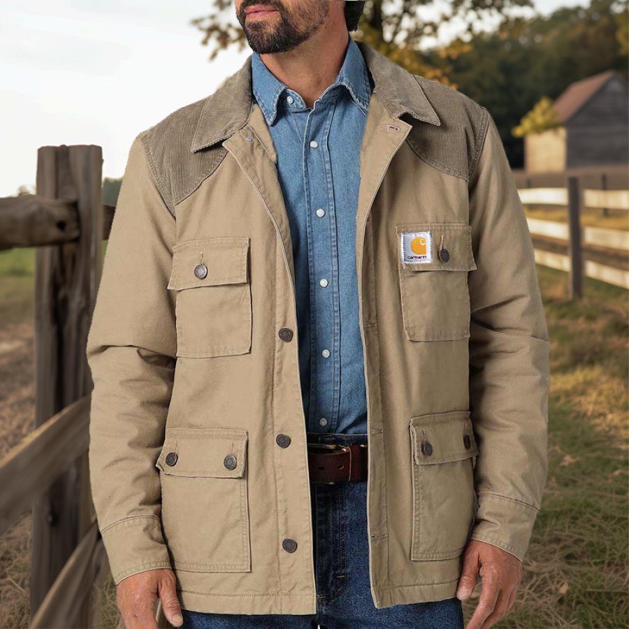 

Men's Vintage Corduroy Patchwork Multifunctional Pocket Color Block Western Cargo Jacket