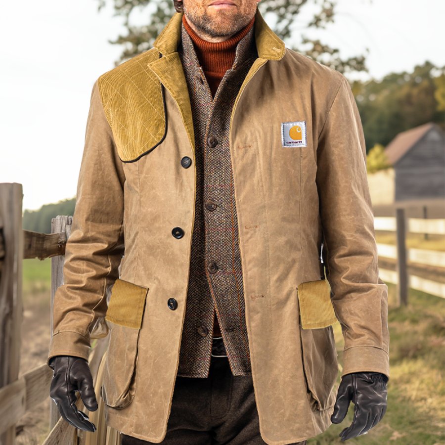 

Men's Vintage Corduroy Patchwork Color Block Western Farm Cowboy Style Work Jacket