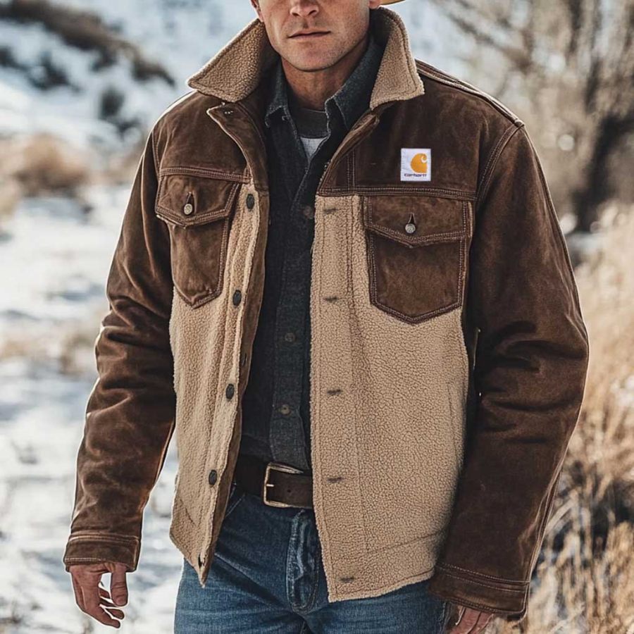 

Men's Carhartt Vintage Patchwork Fleece Color Block Fur Lapel Outdoor Jacket