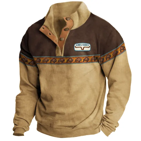 Outdoor Men's Shirt Stand Collar Sweatshirt Autumn And Winter Western Cowboy Contrasting Color Sweatshirt - Trisunshine.com 