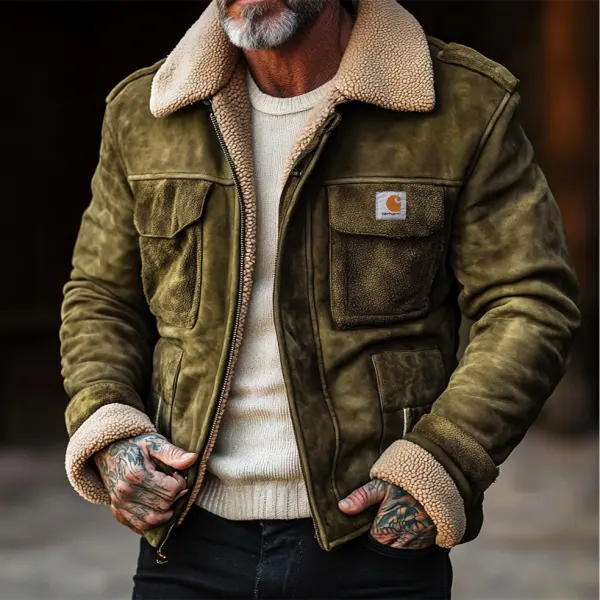 Men's Carhartt Vintage Suede Patchwork Lamb Fleece Multi-Pocket Reverse Collar Outdoor Jacket