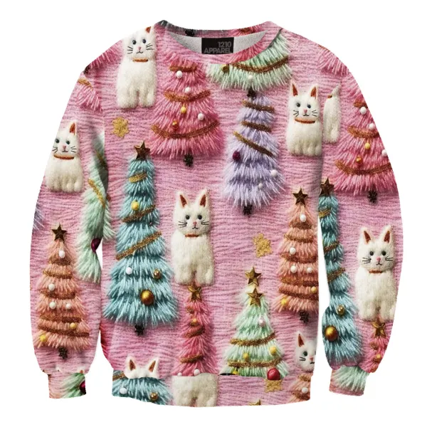 Unisex Cute Christmas Tree Cat Print Ugly Christmas Sweater - Mushope.com 