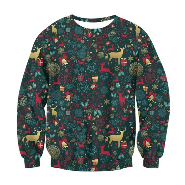 Unisex Christmas Elk Print Crew Neck Ugly Christmas Sweatshirt - Wayrates.com 