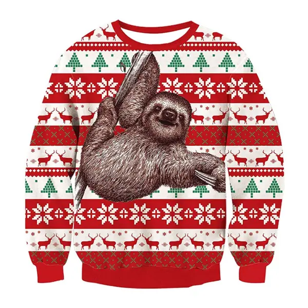 Unisex Sloth Climbing Print Crew Neck Ugly Christmas Sweatshirt - Wayrates.com 