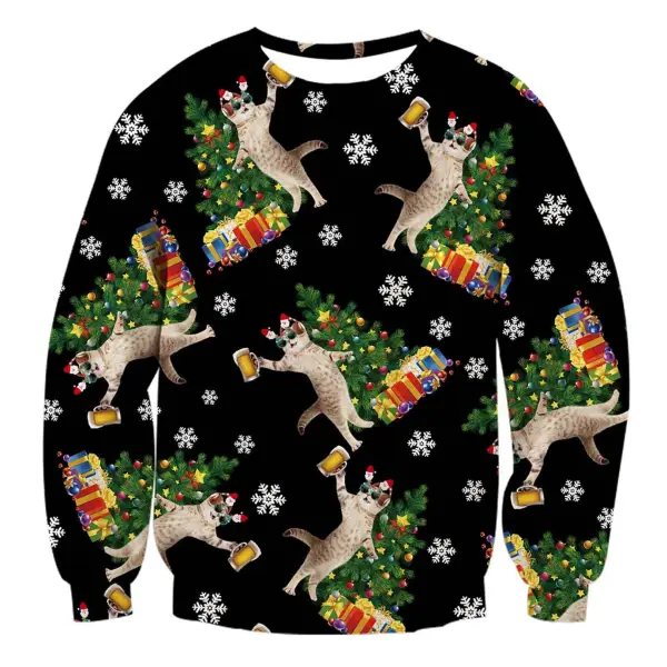 Unisex Beer DJ Cats Print Crew Neck Ugly Christmas Sweatshirt - Wayrates.com 