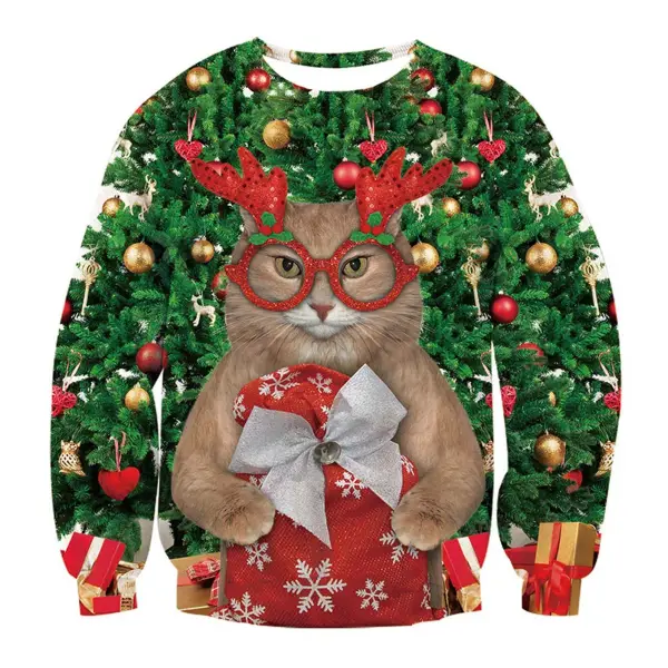 Unisex Cat With Glasses Print Crew Neck Ugly Christmas Sweatshirt - Wayrates.com 