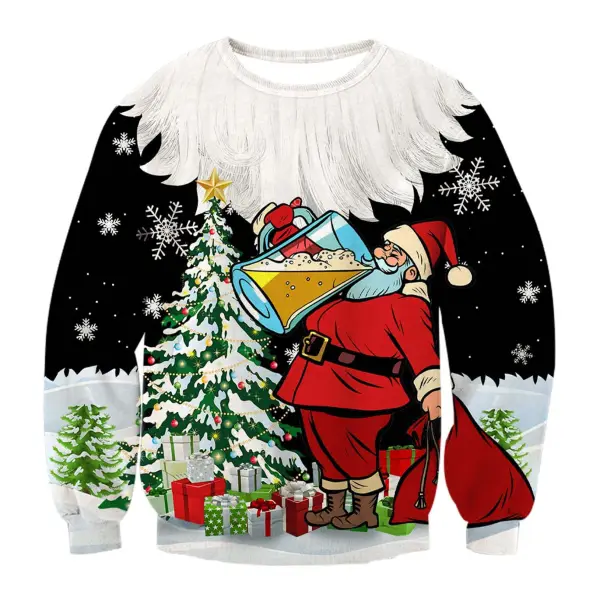 Unisex Santa Claus Drink Beer Print Crew Neck Ugly Christmas Sweatshirt - Wayrates.com 