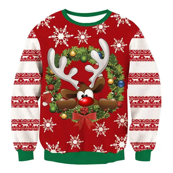 Unisex Snow Reindeer Print Crew Neck Ugly Christmas Sweatshirt - Wayrates.com 