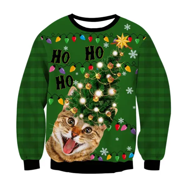 Unisex Christmas Tree Cat Print Crew Neck Ugly Christmas Sweatshirt - Wayrates.com 