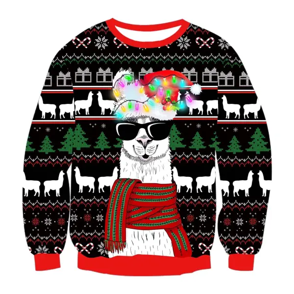 Unisex Bulbs Llama With Glasses Print Crew Neck Ugly Christmas Sweatshirt - Wayrates.com 