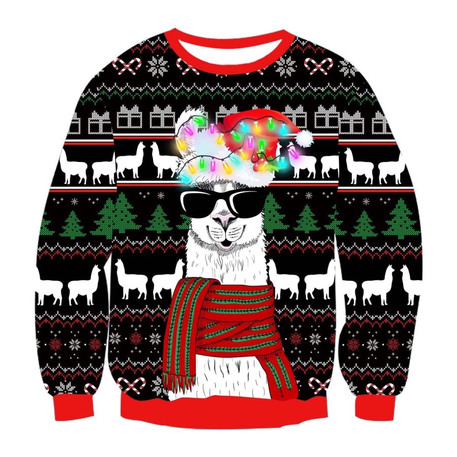 

Unisex Bulbs Llama With Glasses Print Crew Neck Ugly Christmas Sweatshirt