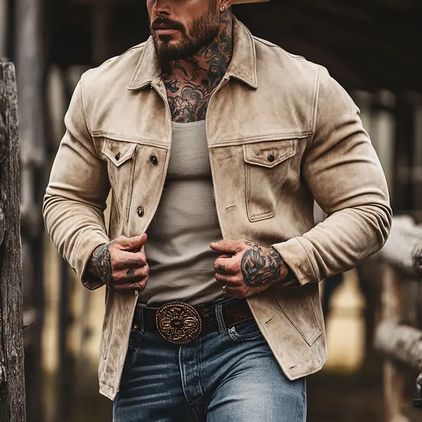 Retro Men's Outdoor Western Style Suede Jacket Jacket Zipper Lapel Cropped Jacket - Spiretime.com 