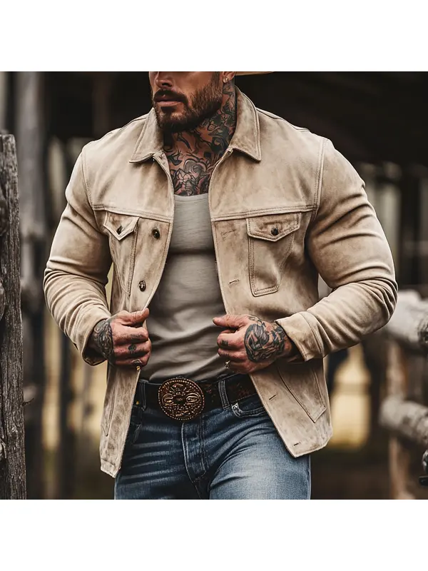 Retro Men's Outdoor Western Style Suede Jacket Jacket Zipper Lapel Cropped Jacket - Ootdmw.com 