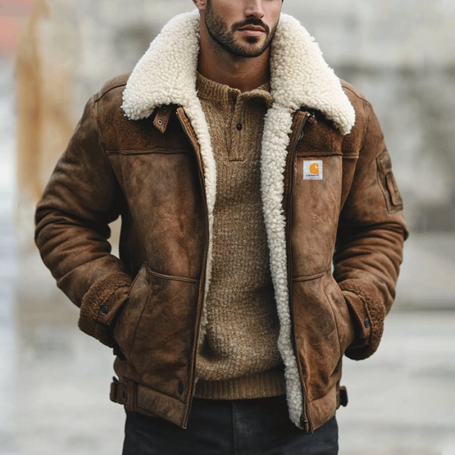 

Carhartt Men's Outdoor Vintage Sheepskin Collar Pockets Lamb Wool Splicing Flight Bomber Wool-lined Jacket