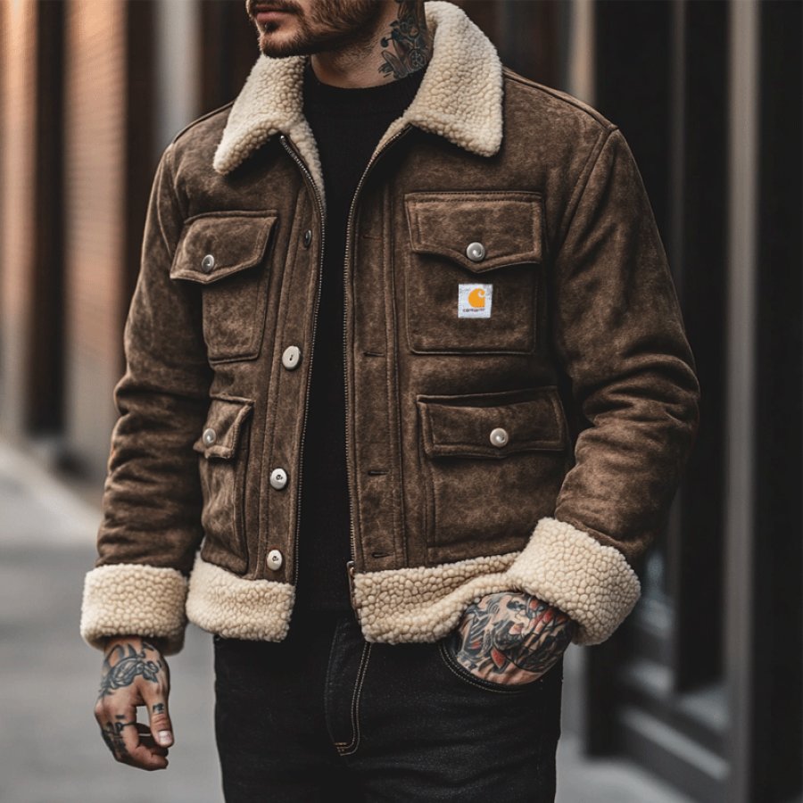 

Men's Vintage Outdoor Pocket Berber Fleece Suede Jacket