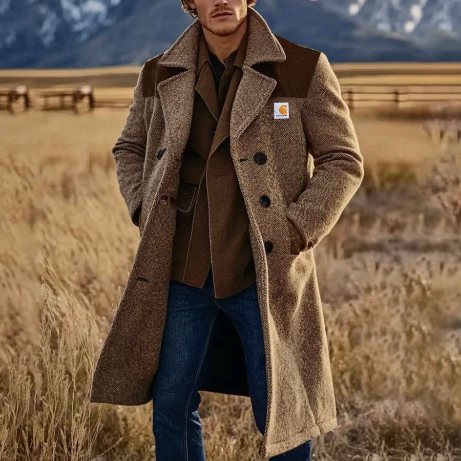 

Men's Vintage Herringbone Color Block Lapel Collar Long Wool Layer Jacket Coat