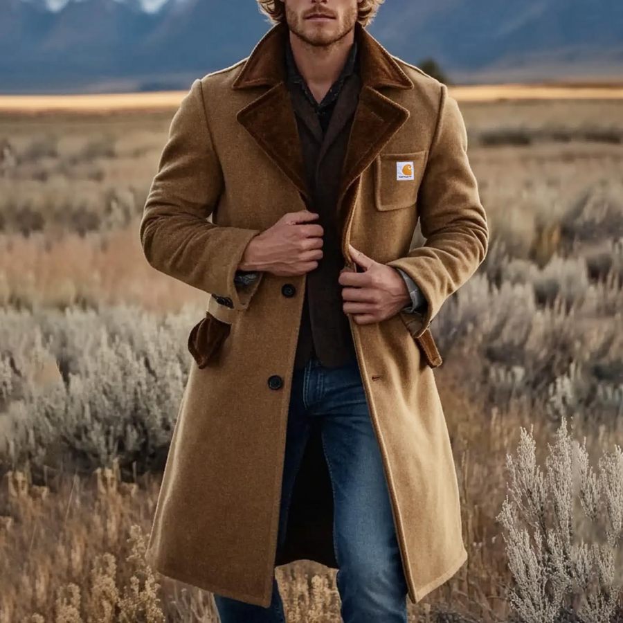 

Men's Vintage Color Block Lapel Collar Long Layer Wool Jacket Coat