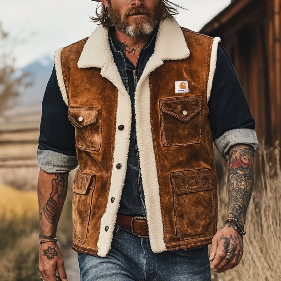 

Men's Vintage Suede Patchwork Lamb Velvet Multi-Pocket Outdoor Motorcycle Vest