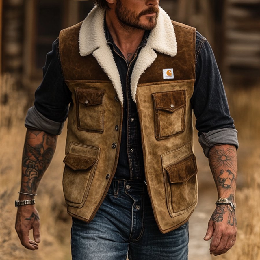 

Men's Vintage Suede Patchwork Lamb Velvet Multi-Pocket Outdoor Motorcycle Vest