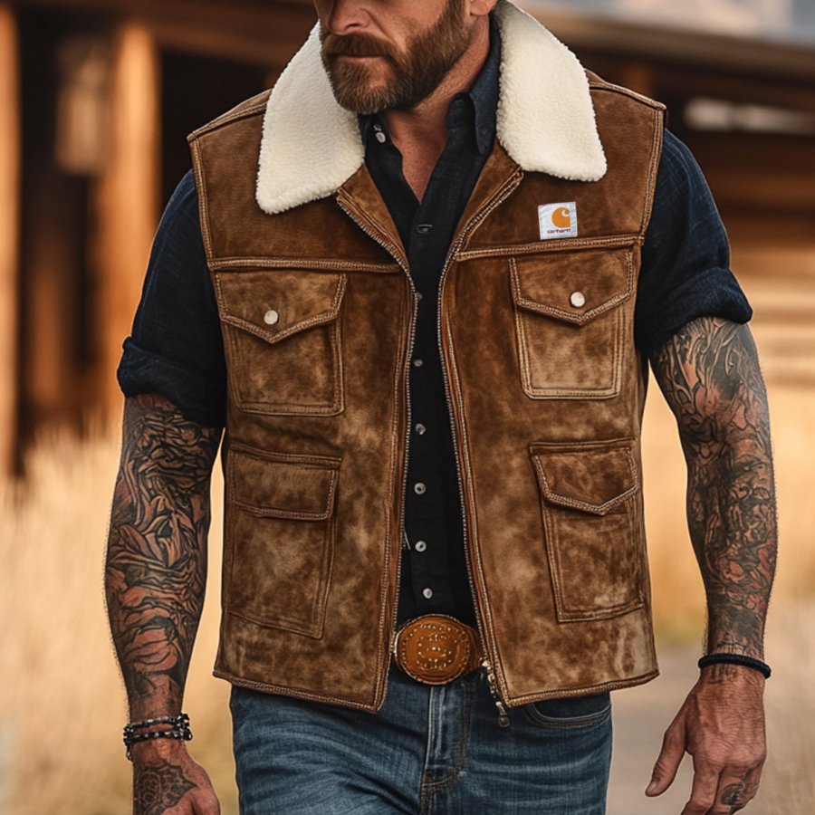 

Men's Vintage Suede Patchwork Lamb Velvet Multi-Pocket Outdoor Motorcycle Vest