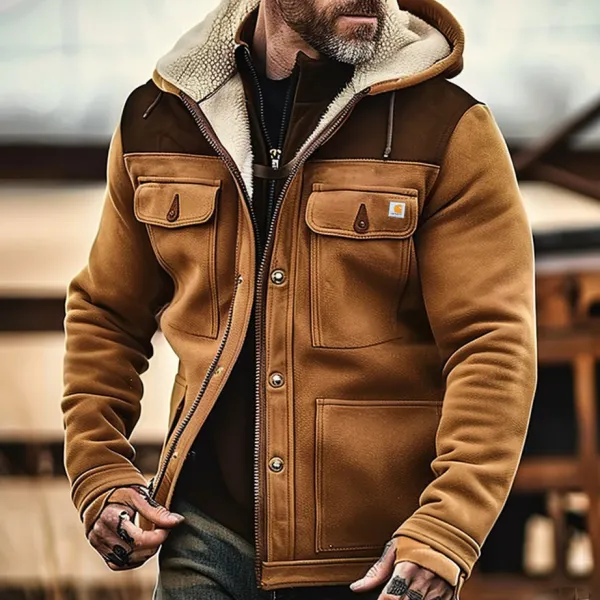 Men's Vintage Suede Patchwork Lamb Fleece Multi-Pocket Reverse Collar Outdoor Jacket Coat - Cotosen.com