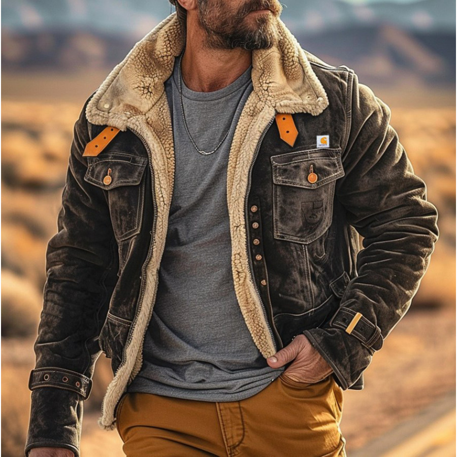 

Men's Vintage Suede Patchwork Lamb Fleece Multi-Pocket Reverse Collar Outdoor Jacket Coat