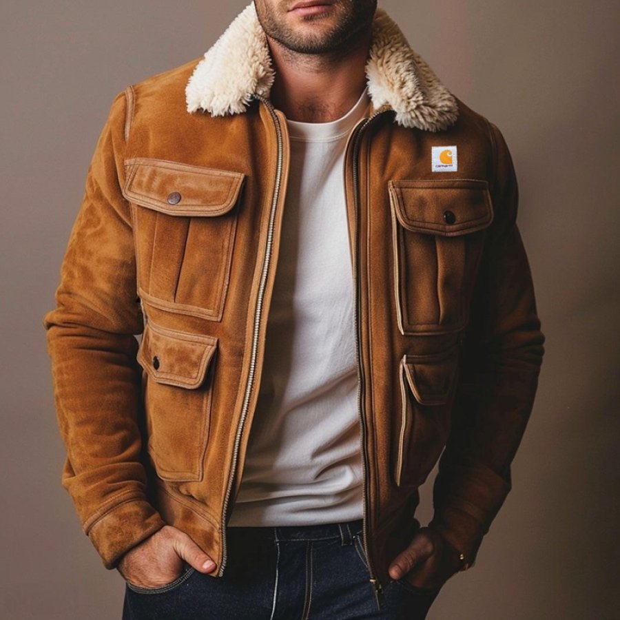 

Men's Vintage Lamb Wool Splicing Multi-Pocket Outdoor Brown Suede Sherpa Collar Jacket