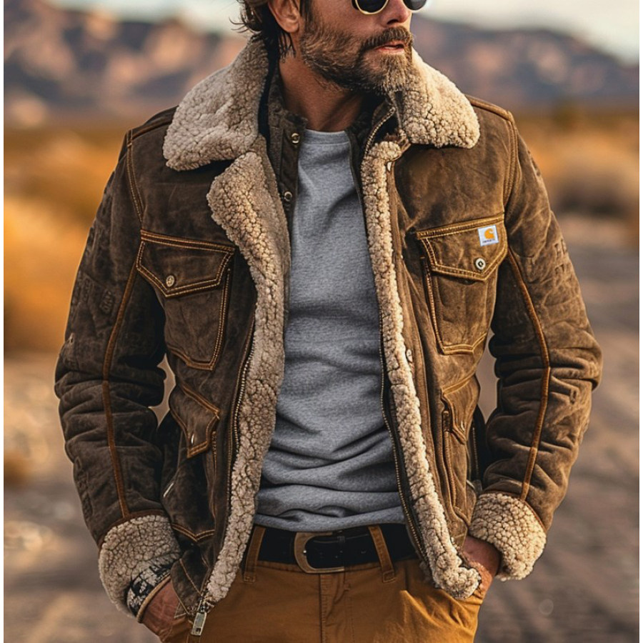 

Men's Vintage Suede Patchwork Lamb Fleece Multi-Pocket Reverse Collar Outdoor Jacket Coat