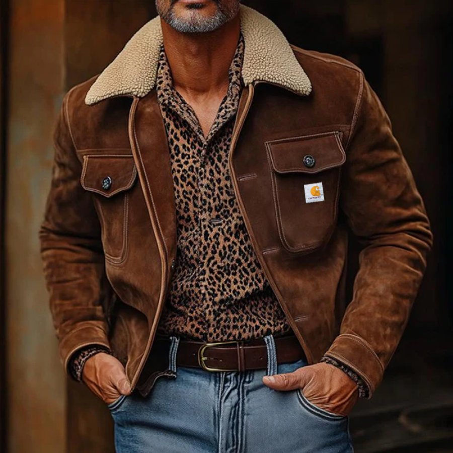 

Men's Carhartt Vintage Lamb Wool Splicing Multi-Pocket Outdoor Brown Suede Sherpa Collar Jacket