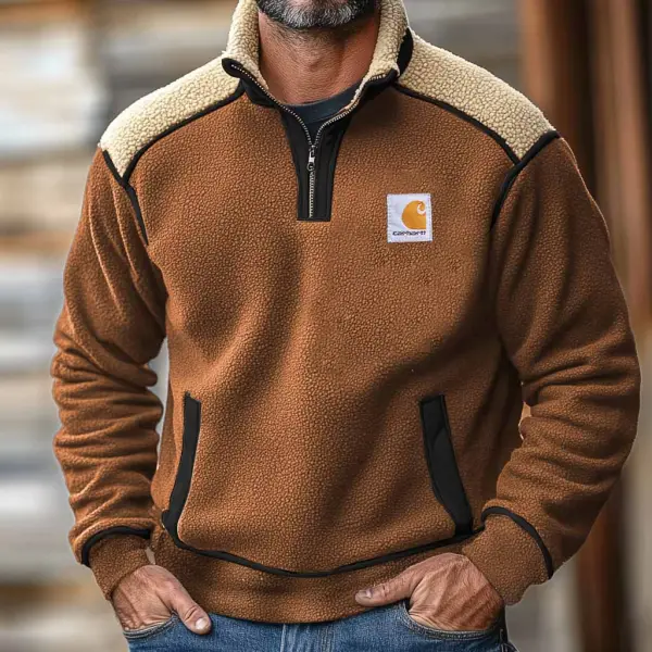 Men's Vintage Fleece Color Block Stand Collar Quarter Zip Sweatshirt - Cotosen.com