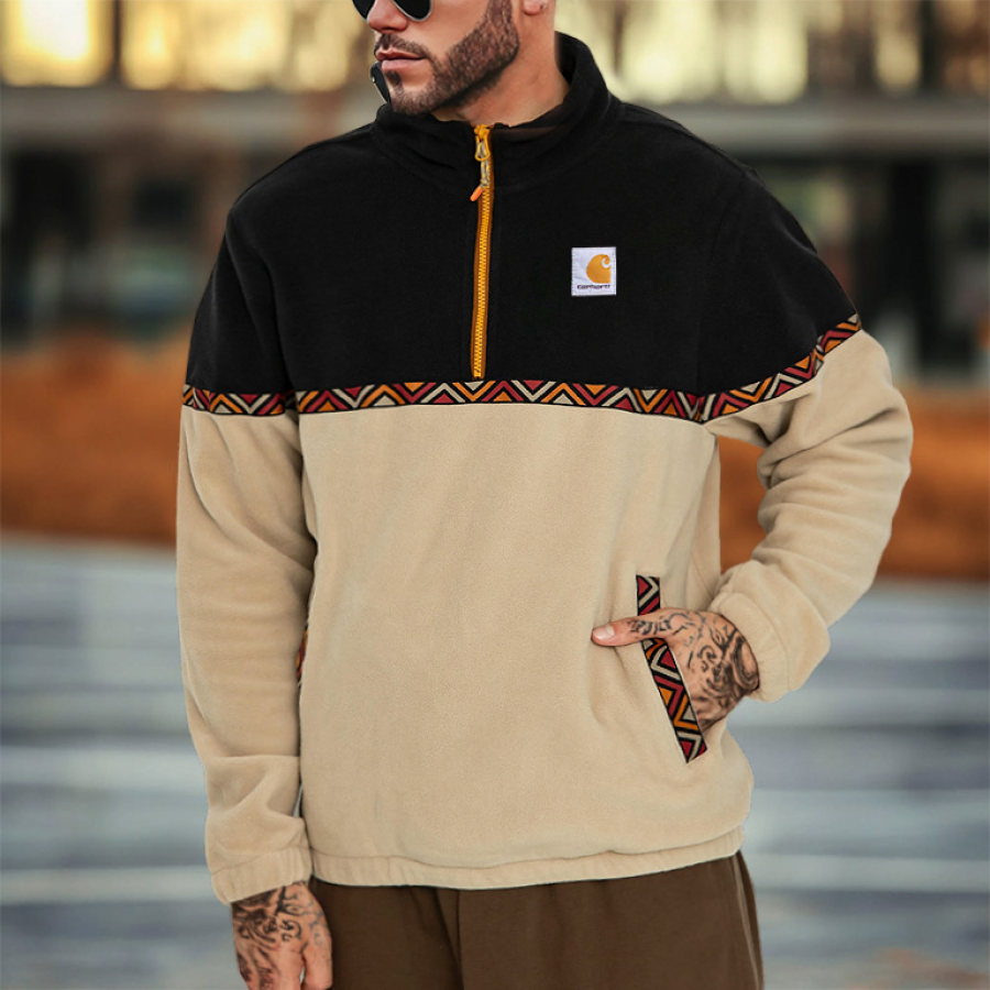 

Men's Vintage Fleece Patchwork Ethnic Aztec Color Block Stand Collar Quarter Zip Sweatshirt