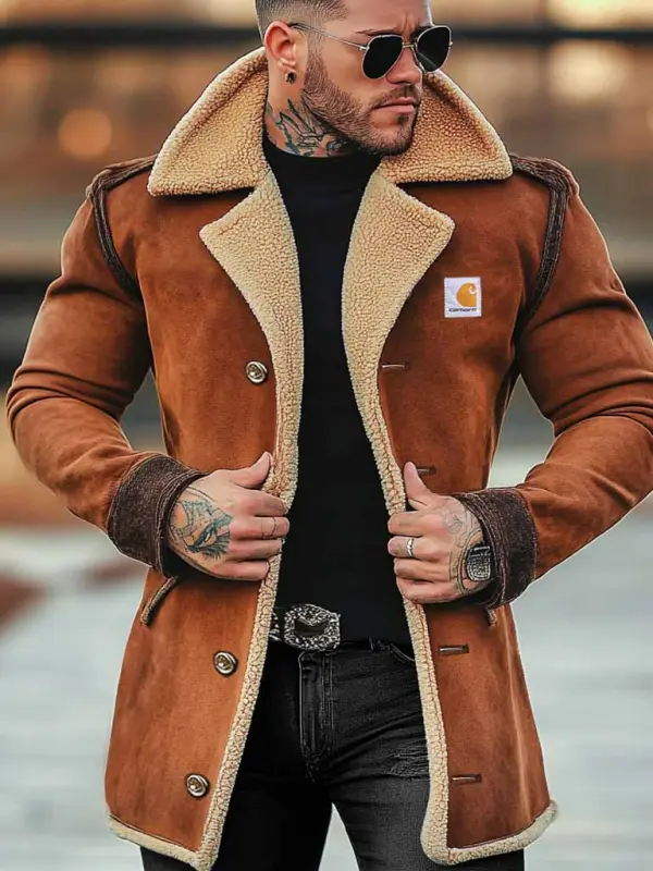Men's Vintage Suede Shearling Fleece Wool Fur Lapel Collar Mid-Length Coat Sherpa Lined Jacket - Pragmaace.com 