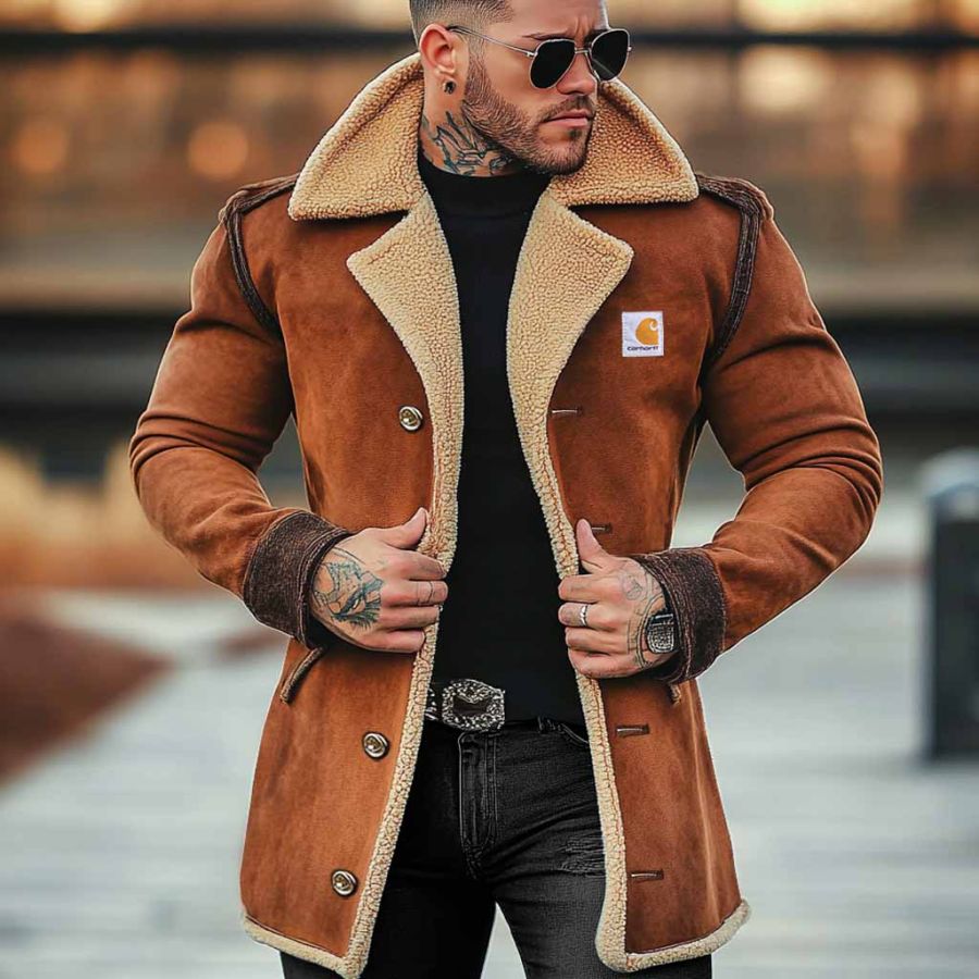 

Men's Vintage Suede Shearling Fleece Wool Fur Lapel Collar Mid-Length Coat Sherpa Lined Jacket
