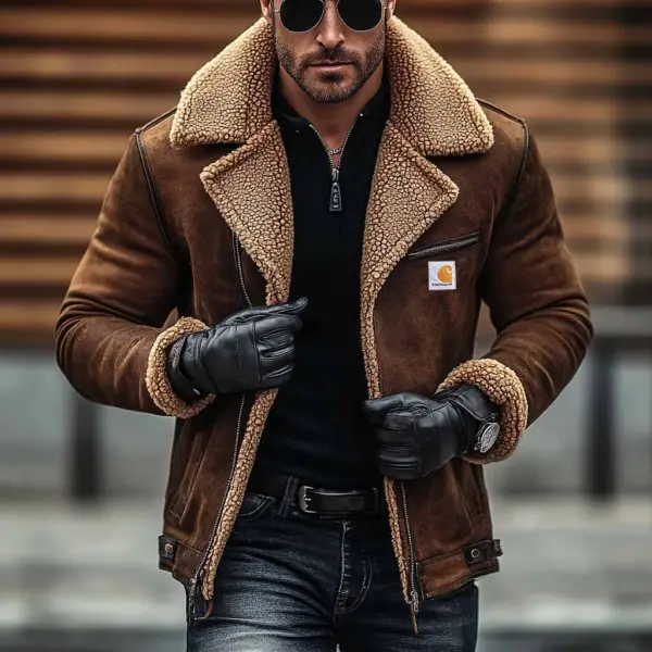 Men's Vintage Suede Zipper Pocket Fleece Lapel Collar Outdoor Motorcycle Sherpa Lined Jacket - Mobivivi.com 