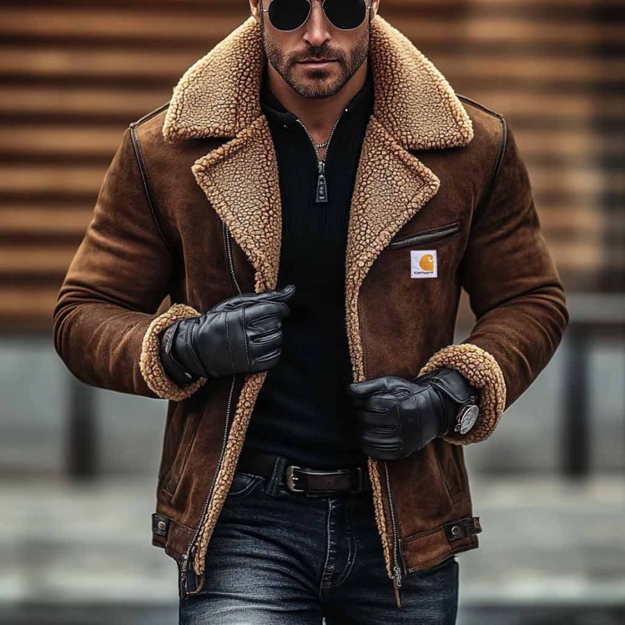 

Men's Carhartt Vintage Suede Zipper Pocket Fleece Lapel Collar Outdoor Motorcycle Sherpa Lined Jacket