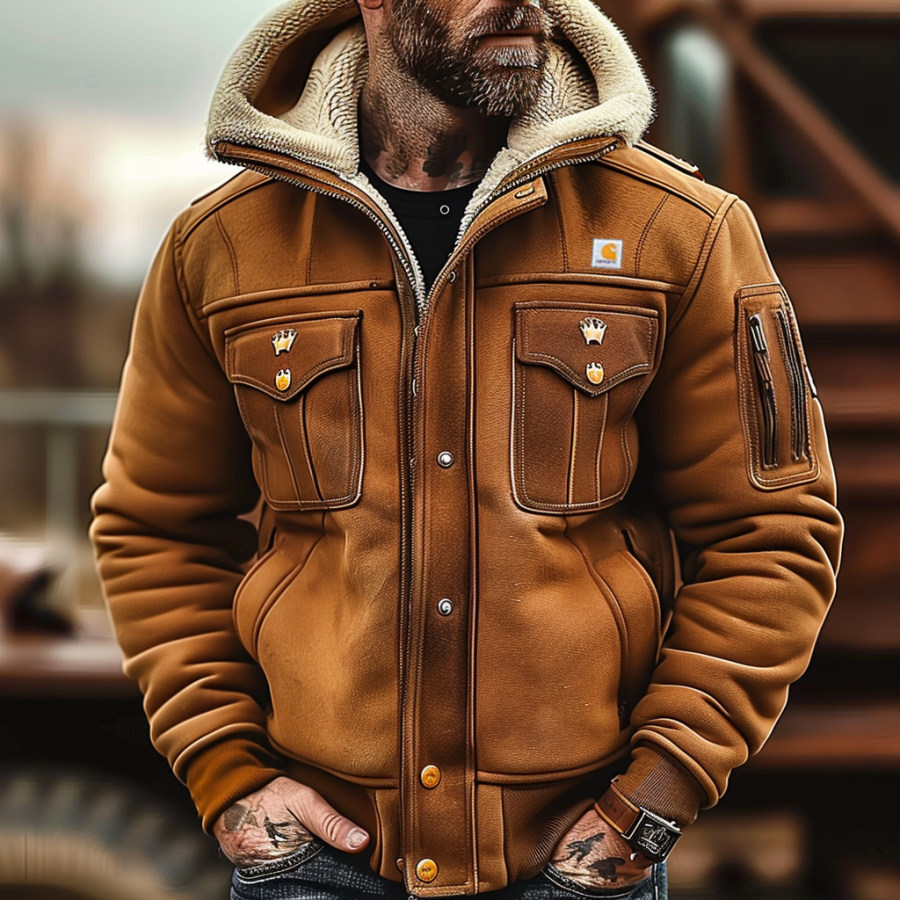 

Men's Carhartt Vintage Suede Patchwork Lamb Fleece Multi-Pocket Reverse Collar Outdoor Jacket Coat