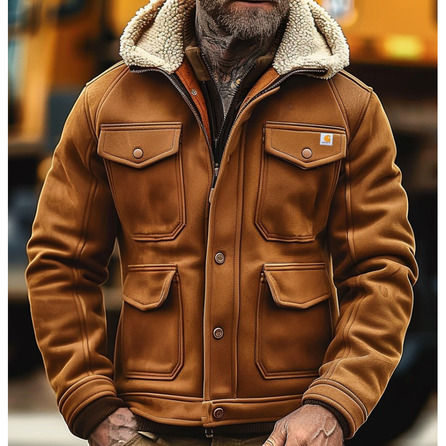 

Men's Vintage Suede Patchwork Lamb Fleece Multi-Pocket Reverse Collar Outdoor Jacket Coat